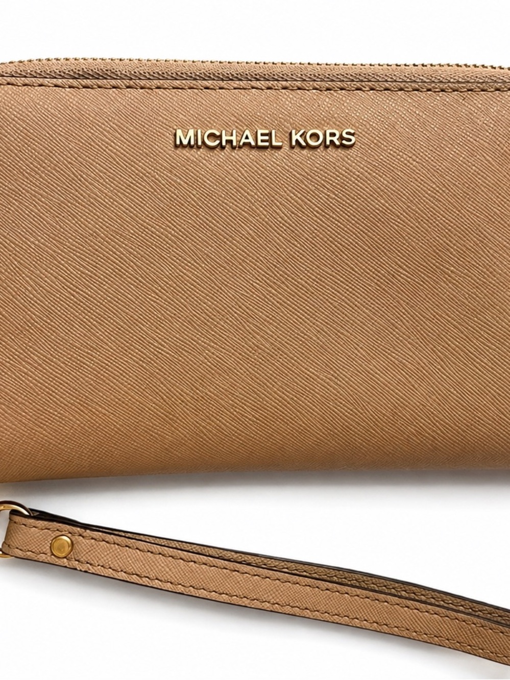 MICHAEL KORS Beige/Tan Saffiano Leather Wristlet with Gold Logo